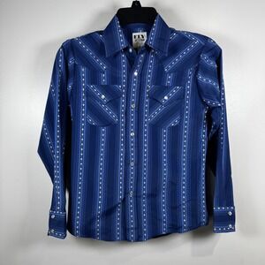 Ely Cattleman Boys M Blue Striped Western Pearl Snap Shirt Cowboy Core Rodeo